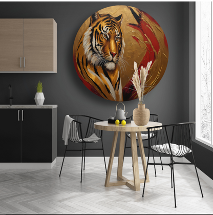 Gouden Tijger Moderne Kunst op Rood aluminium muurcirkel