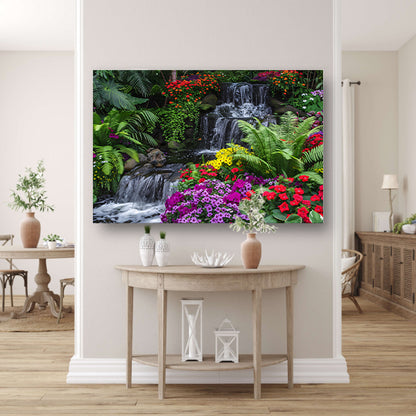 Kleurrijke tuin met waterval en diverse bloemen poster