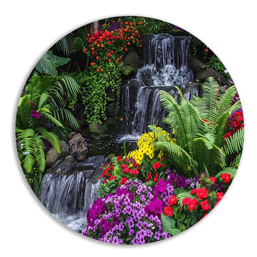 Kleurrijke tuin met waterval en diverse bloemen forex muurcirkel