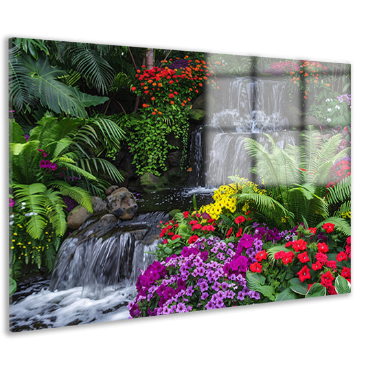 Kleurrijke tuin met waterval en diverse bloemen acrylglas