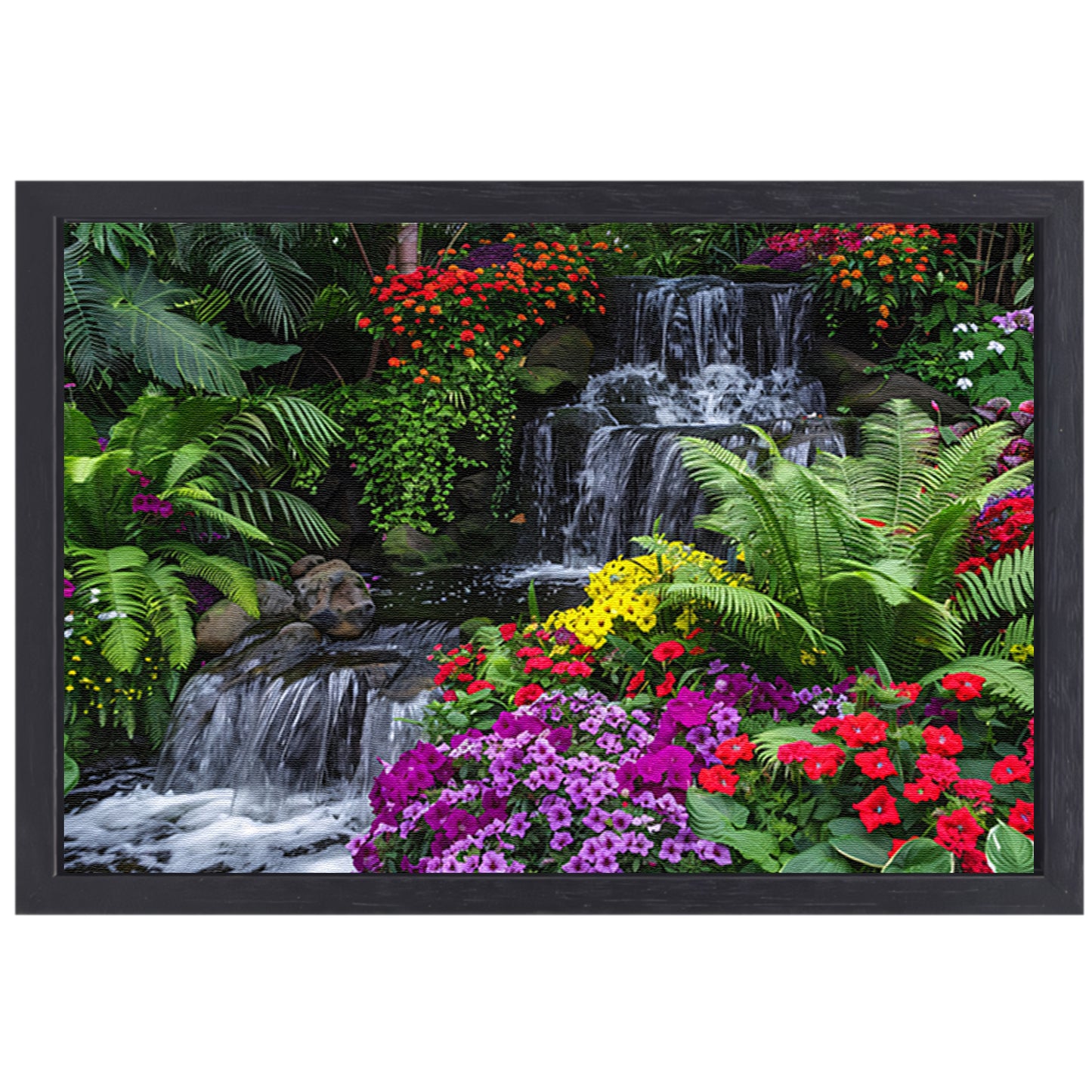 Kleurrijke tuin met waterval en diverse bloemen canvas met baklijst
