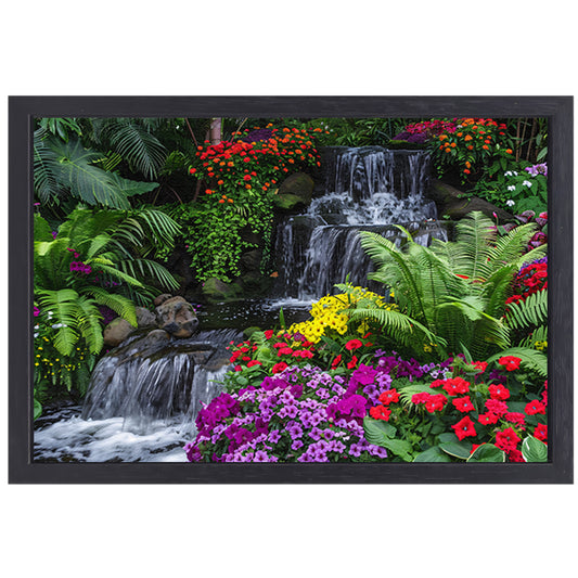 Kleurrijke tuin met waterval en diverse bloemen canvas met baklijst