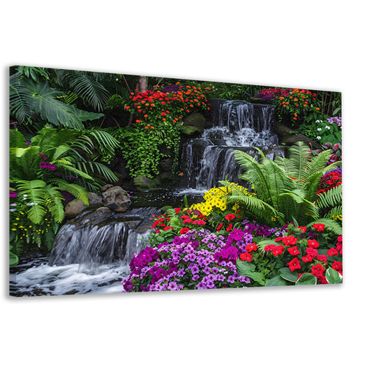 Kleurrijke tuin met waterval en diverse bloemen canvas