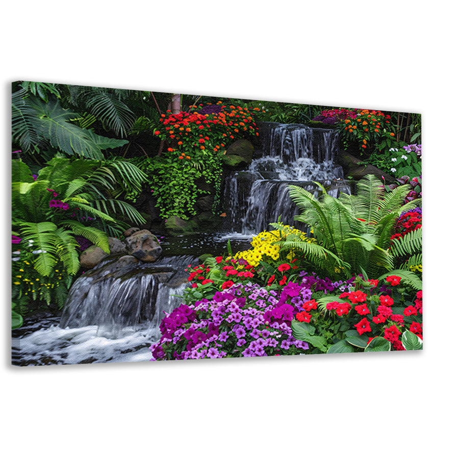 Kleurrijke tuin met waterval en diverse bloemen canvas