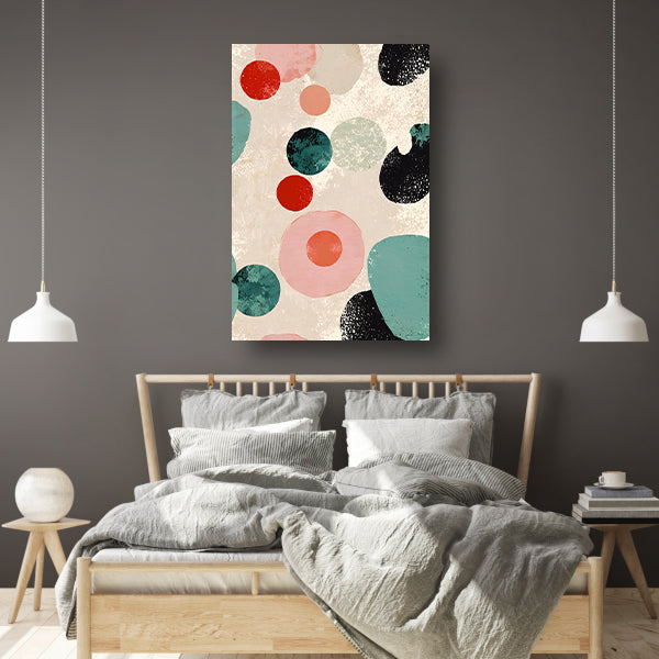 Abstracte kunst met kleurrijke cirkels en texturen canvas met baklijst