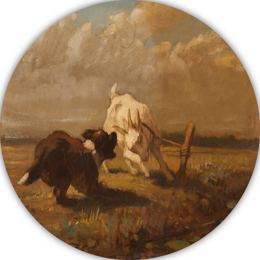 Geiten en Hond Vechtend - Henriëtte Ronner-Knip aluminium muurcirkel