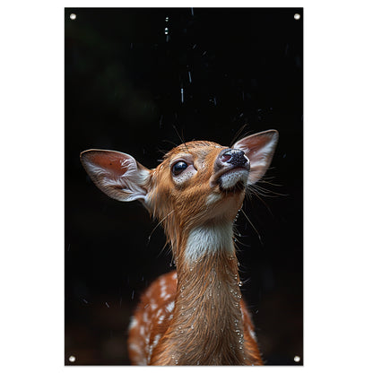 Jonge hert in de regen tuinposter