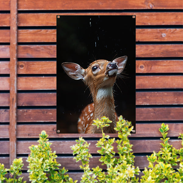 Jonge hert in de regen tuinposter