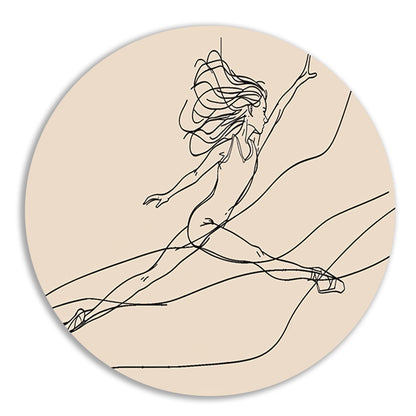 Gracieus danseres lijntekening in sprong aluminium muurcirkel