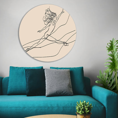 Gracieus danseres lijntekening in sprong aluminium muurcirkel