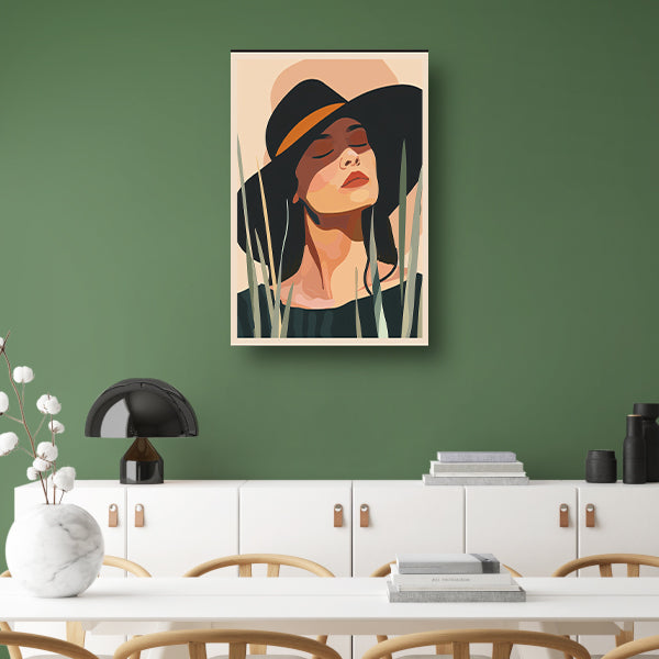 Ontspannen vrouw met hoed onder zon canvas