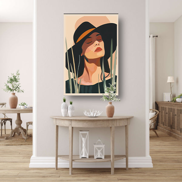 Ontspannen vrouw met hoed onder zon canvas