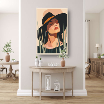 Ontspannen vrouw met hoed onder zon canvas
