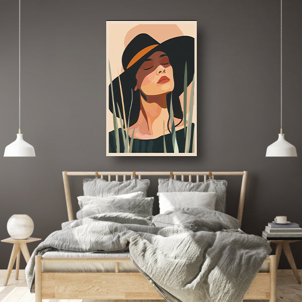 Ontspannen vrouw met hoed onder zon canvas