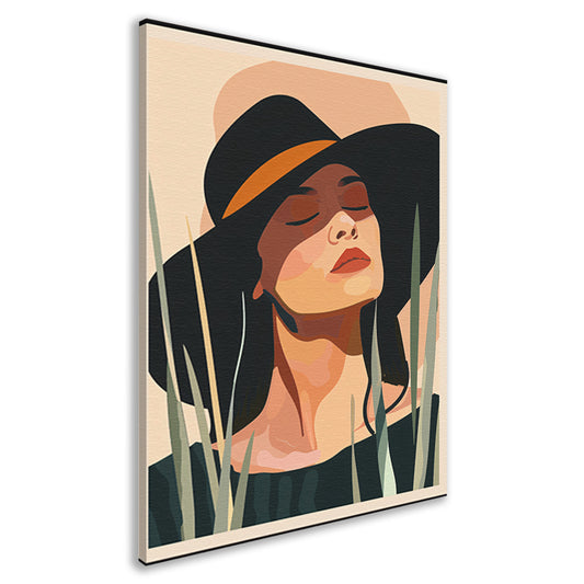 Ontspannen vrouw met hoed onder zon canvas