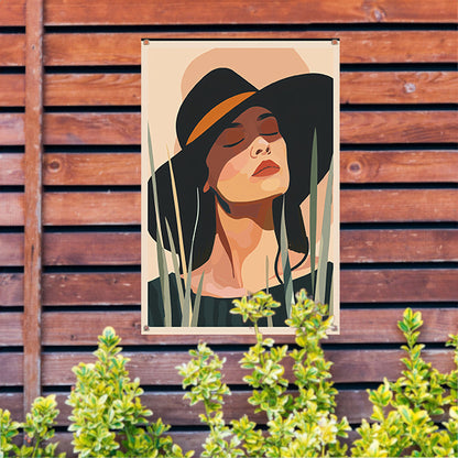 Ontspannen vrouw met hoed onder zon tuinposter