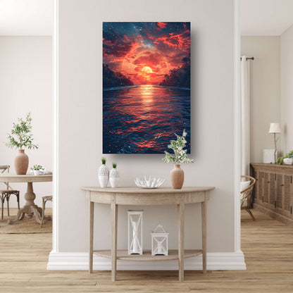 Zonsondergang boven de golven poster