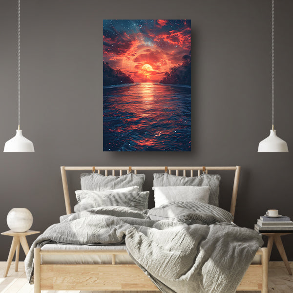 Zonsondergang boven de golven poster