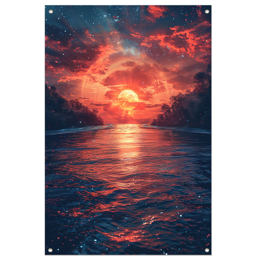 Zonsondergang boven de golven tuinposter