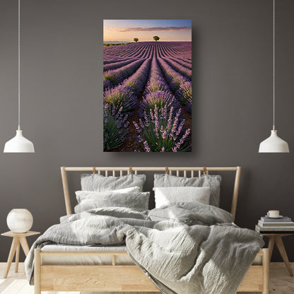 Uitgestrekt lavendelveld bij zonsondergang canvas