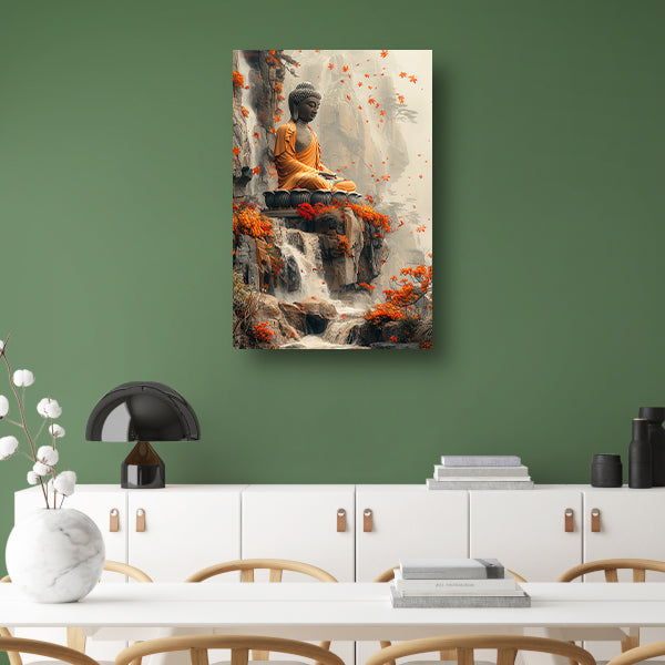 Boeddha in herfstdecor met waterval poster