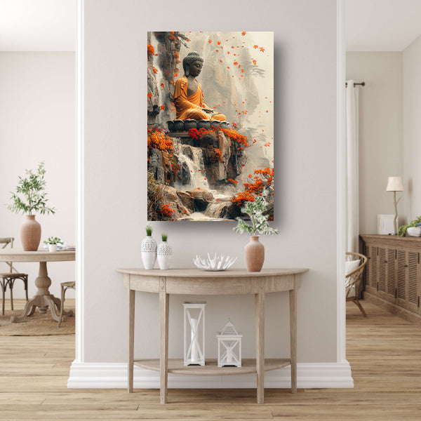 Boeddha in herfstdecor met waterval poster