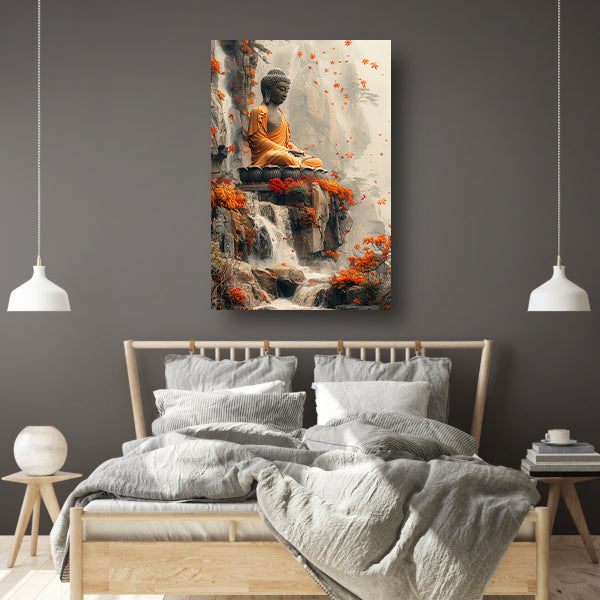 Boeddha in herfstdecor met waterval poster