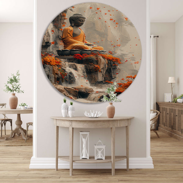 Boeddha in herfstdecor met waterval forex muurcirkel