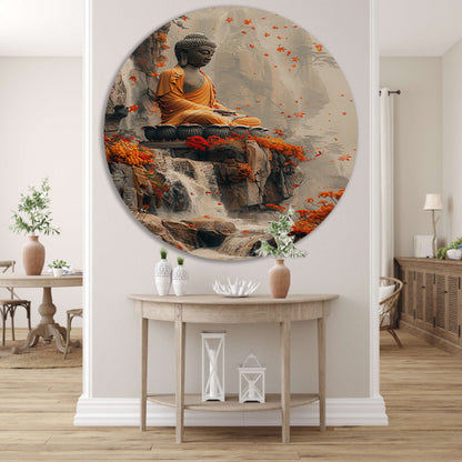 Boeddha in herfstdecor met waterval forex muurcirkel