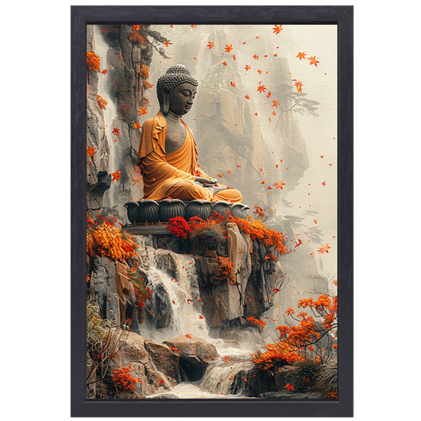 Boeddha in herfstdecor met waterval canvas met baklijst