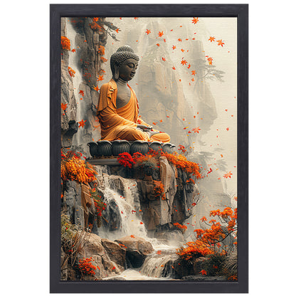 Boeddha in herfstdecor met waterval canvas met baklijst