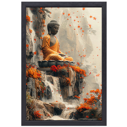 Boeddha in herfstdecor met waterval canvas met baklijst