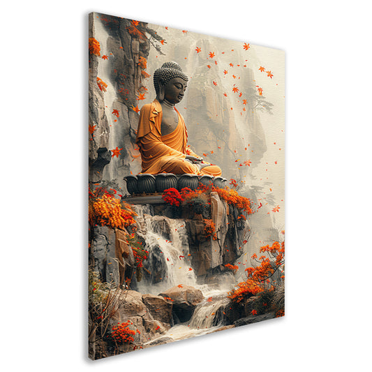 Boeddha in herfstdecor met waterval canvas