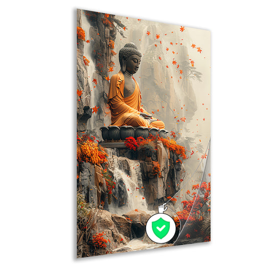 Boeddha in herfstdecor met waterval poster