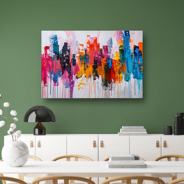 Abstract kleurrijk stadsgezicht op wit doek poster