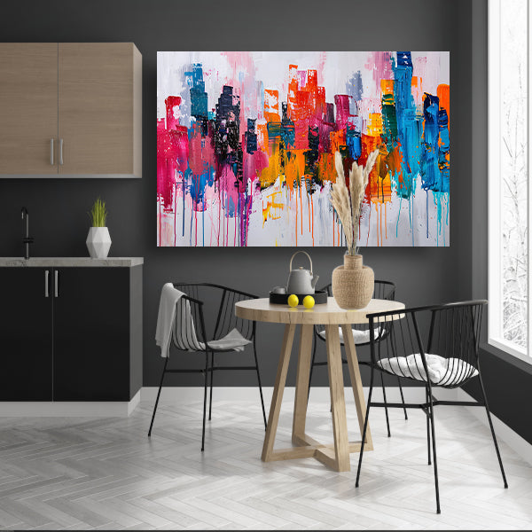 Abstract kleurrijk stadsgezicht op wit doek poster