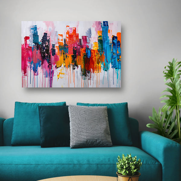 Abstract kleurrijk stadsgezicht op wit doek poster