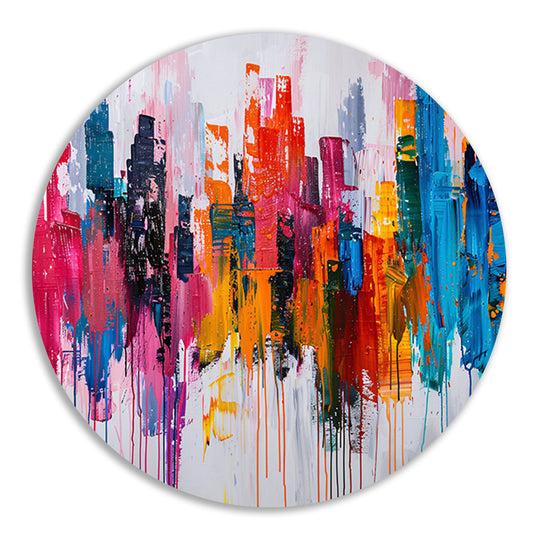 Abstract kleurrijk stadsgezicht op wit doek aluminium muurcirkel
