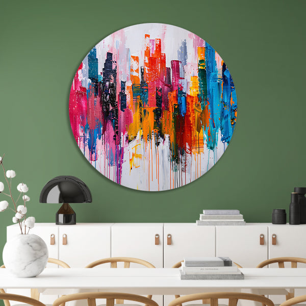 Abstract kleurrijk stadsgezicht op wit doek forex muurcirkel