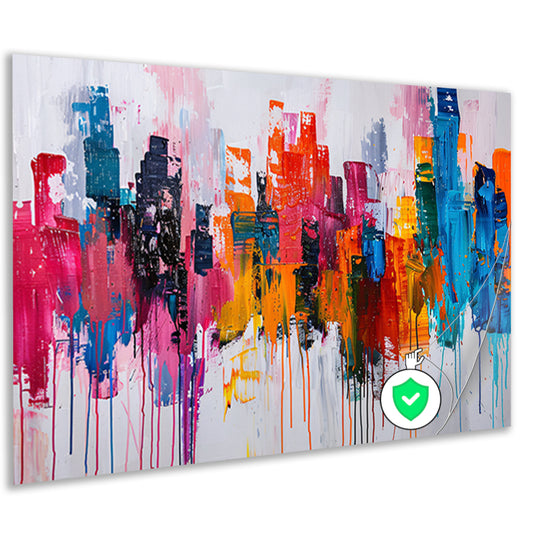 Abstract kleurrijk stadsgezicht op wit doek poster