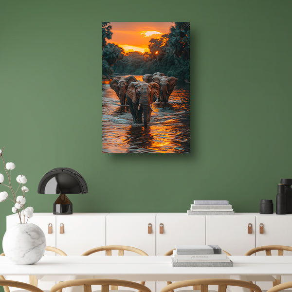 Olifantenfamilie steekt rivier over bij zonsondergang canvas