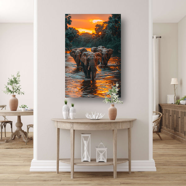 Olifantenfamilie steekt rivier over bij zonsondergang canvas