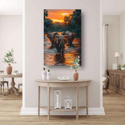 Olifantenfamilie steekt rivier over bij zonsondergang canvas
