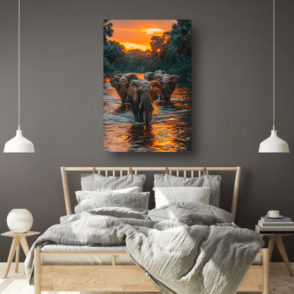 Olifantenfamilie steekt rivier over bij zonsondergang canvas