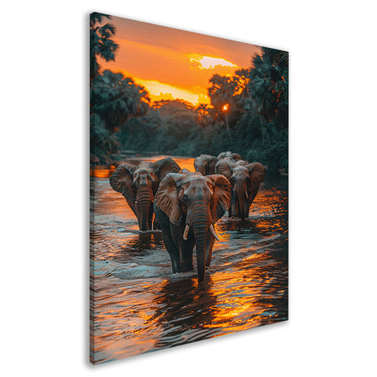 Olifantenfamilie steekt rivier over bij zonsondergang canvas