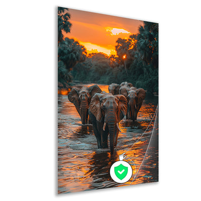 Olifantenfamilie steekt rivier over bij zonsondergang poster