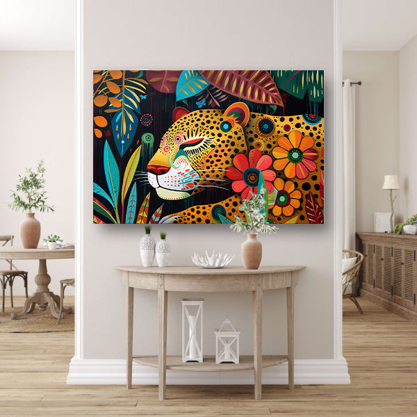 Kleurrijk schilderij van luipaard en bloemen acrylglas