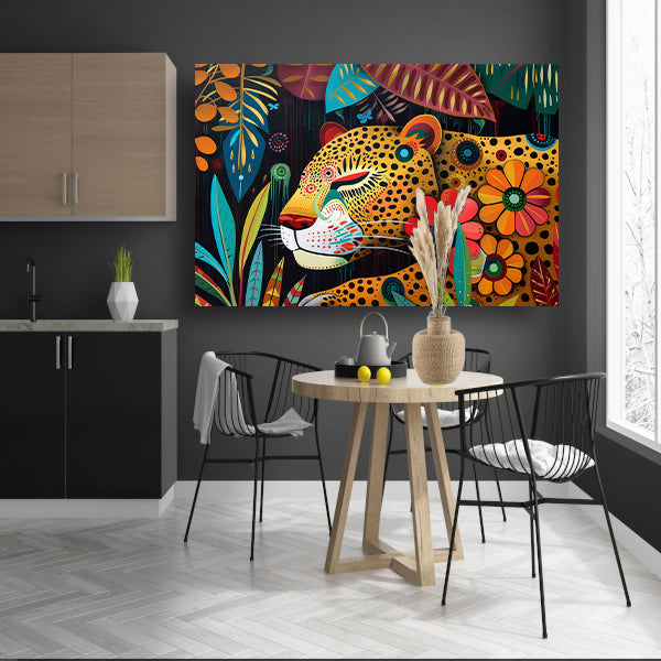 Kleurrijk schilderij van luipaard en bloemen acrylglas
