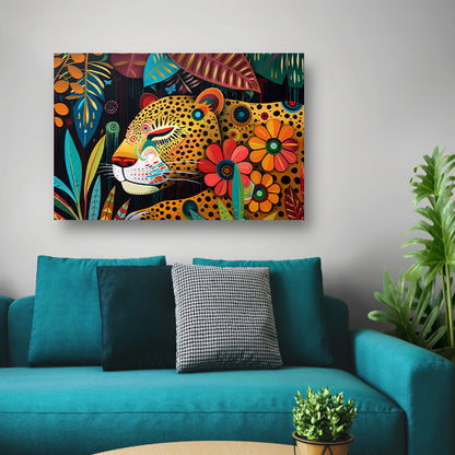 Kleurrijk schilderij van luipaard en bloemen acrylglas