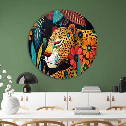 Kleurrijk schilderij van luipaard en bloemen forex muurcirkel